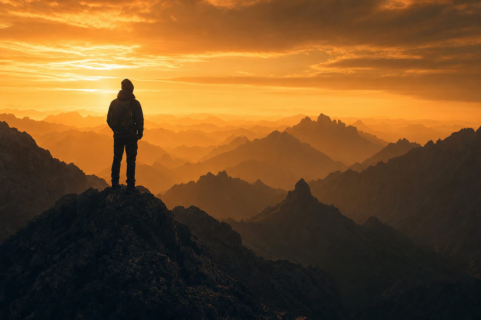 Person standing on a mountain summit at golden hour, looking out over a vast landscape | representing clarity and transformation