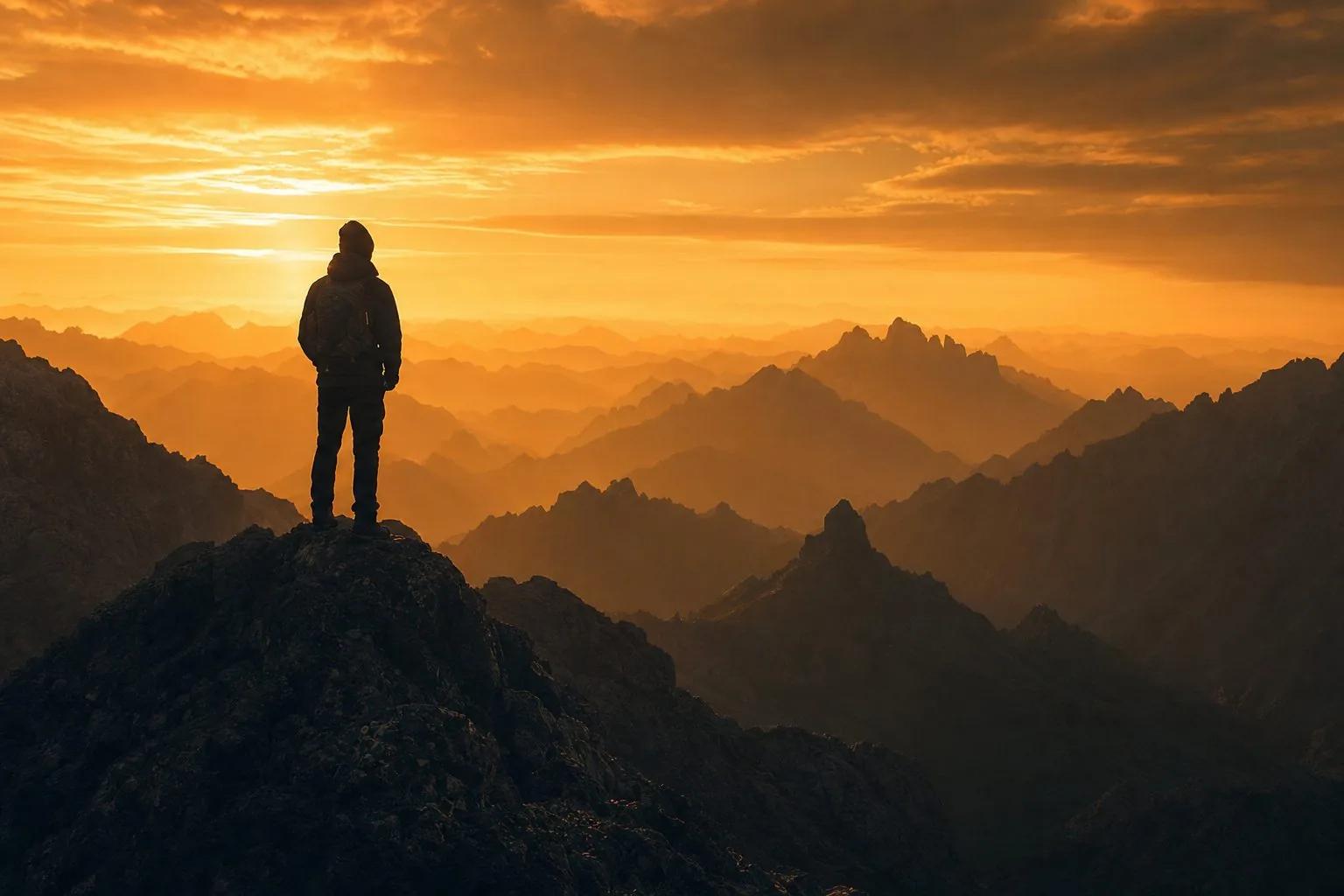Person standing on a mountain summit at golden hour, looking out over a vast landscape | representing clarity and transformation