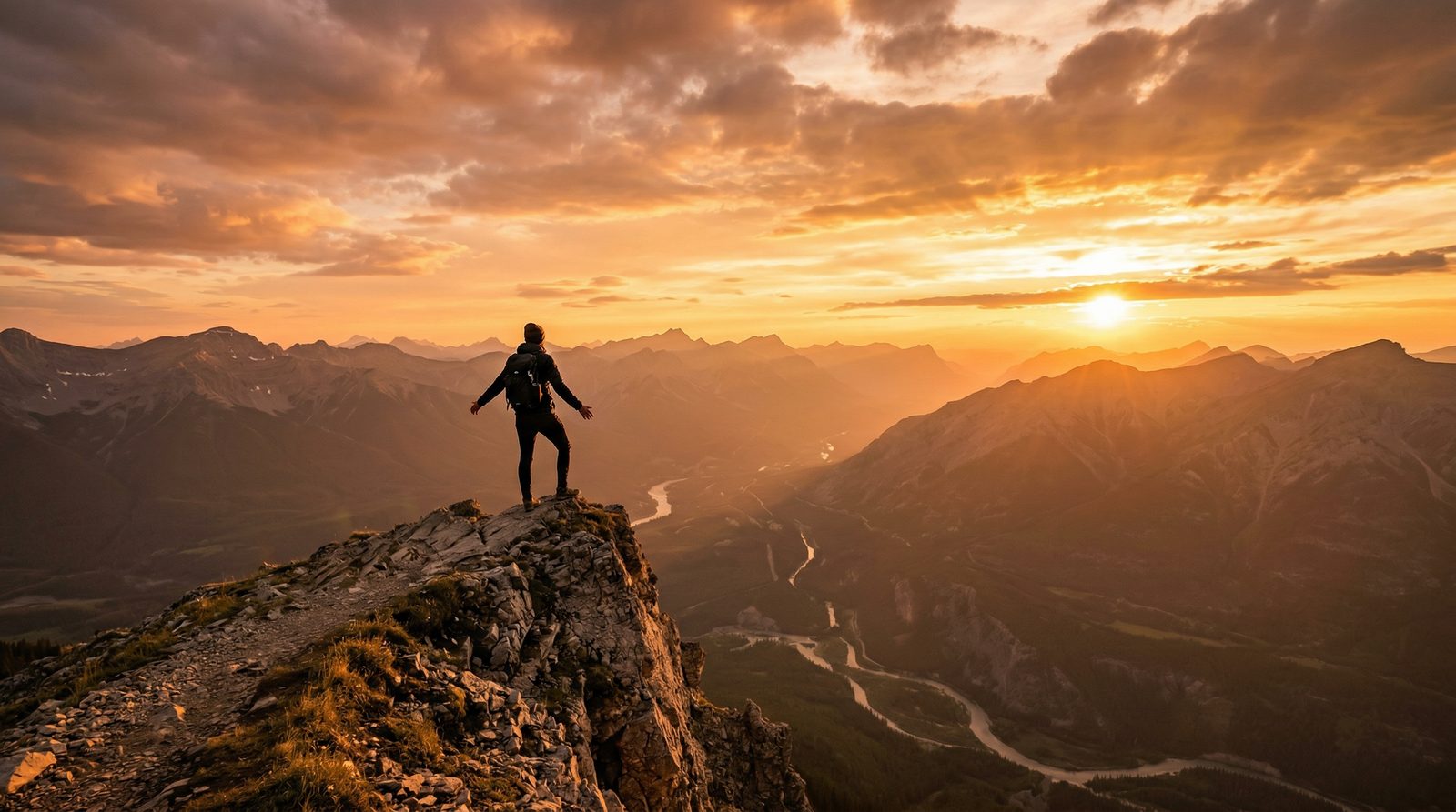 Person standing on mountain summit at golden sunset with arms open | representing transformation and clarity